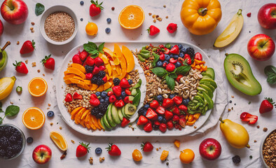 Aufkleber - White plate with a variety of fruits and vegetables on it. There are apples, oranges, bananas, strawberries, and avocados