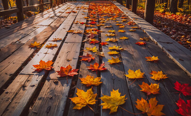 Poster - Wooden bridge with leaves on it. The leaves are orange and yellow. The bridge is on a path