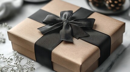 Poster - Modern Minimalist Matte Black Gift Box with Geometric Ribbon on White Background