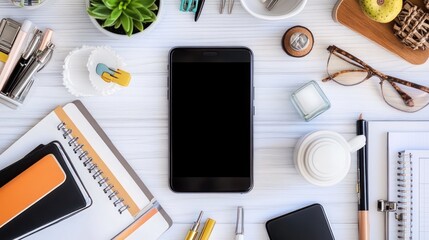 Poster - Modern Workplace Flatlay Smartphone And Office Supplies