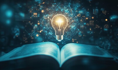 Poster - Illuminated light bulb above open book, symbolizing knowledge and innovation. Digital connections and symbols surround. Bright, futuristic atmosphere.
