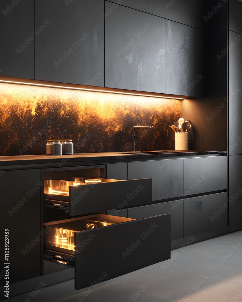 Modern kitchen design featuring sleek cabinetry and ambient lighting ...