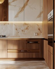 Modern kitchen design featuring wooden cabinetry and elegant marble backsplash.