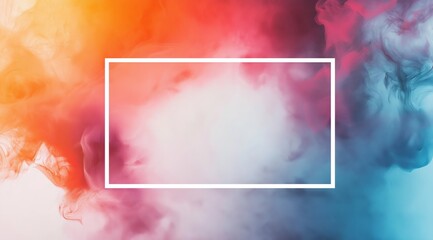 Poster - A rectangular neon wide frame on a white background, surrounded by colorful smoke. Background with place for text