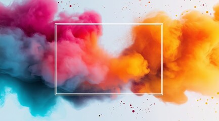 Poster - A rectangular neon wide frame on a white background, surrounded by colorful smoke. Background with place for text