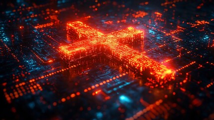 Poster - futuristic metallic cross with digital holograms blending tradition and technology