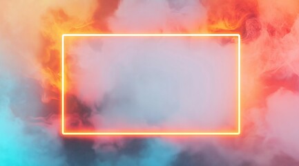 Poster - A rectangular neon wide frame on a white background, surrounded by colorful smoke. Background with place for text