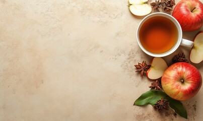 Wall Mural - Warm apple tea with fresh apples, spices, and leaves, cozy autumn vibe