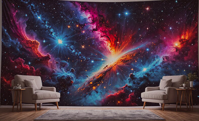 Poster - large colorful space with a star in the middle. there are two chairs in the room. one chair is on th