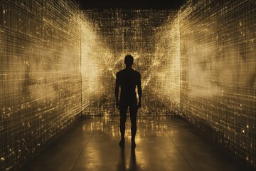 Poster - Silhouette of a Person Standing in a Golden Abstract Digital Space with Light and Energy Revealing a Futuristic Technological Environment