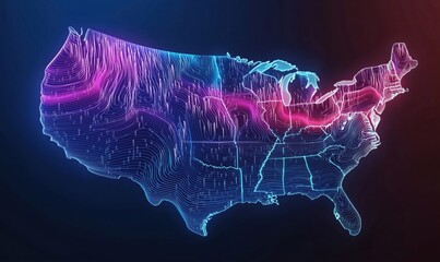 Poster - 3D map of United States with neon lines, depicting topography and data visualization, vibrant colors, modern design