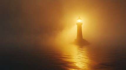 Wall Mural - Luminous Lighthouse Stands Tall In Misty Sea At Dawn