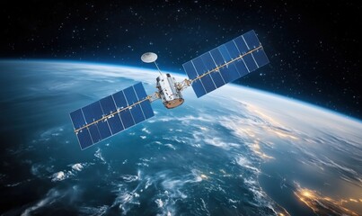 Poster - Satellite orbiting Earth, showcasing solar panels and communication dish, deep space background, planet curvature visible