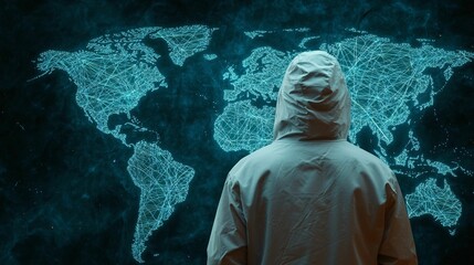 Poster - data it technology security and spy concept. a person in a hoodie gazes at a digital world map displ