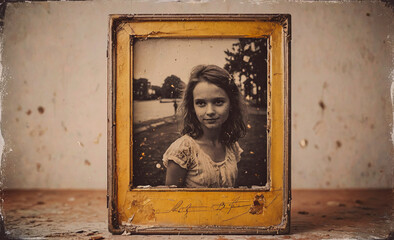 Poster - Girl is standing in front of a yellow frame. The frame is old and has a black and white photo of the girl