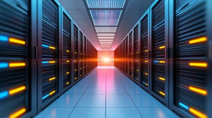 Poster - data it technology security and spy concept. futuristic data center corridor with glowing lights and