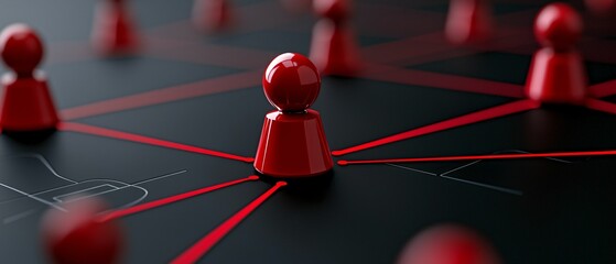 Poster - Data IT technology security and spy concept. Red game pieces connected by lines on a dark surface, symbolizing networking.