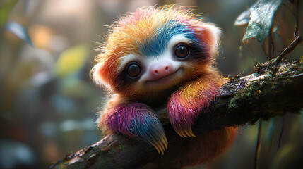 A colorful sloth with big eyes resting on a branch in a lush forest setting.