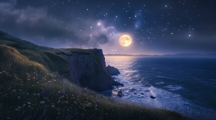 Wall Mural - Coastal Cliffside Moonlit Night Sky Stars Ocean