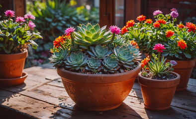 Poster - Wooden table with several potted plants on it, including a large one with a green plant in it. There are also smaller potted plants on the table. The plants are arranged in different sizes