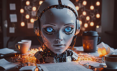 Aufkleber - Robot head is sitting on a table with a cup of coffee next to it. The robot has blue eyes and is wearing headphones