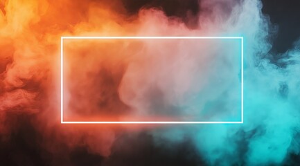 Poster - A rectangular neon wide frame on a dark background, surrounded by colorful smoke. Background with place for text