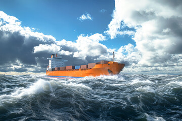 Wall Mural - A vibrant orange and blue cargo ship navigating through stormy seas under dramatic skies filled with clouds