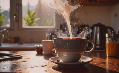 Aufkleber - Cup of coffee is pouring out of a coffee maker. The coffee is hot and steam is rising from it