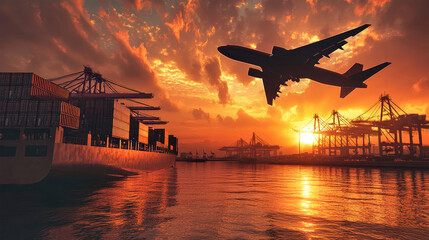 Wall Mural - Cargo plane soaring over a bustling port at sunset with a container ship beneath a dramatic sky