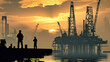 © Anoo - Silhouetted oil workers on a drilling platform at dusk with intricate details and vibrant sunset colors