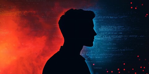 Poster - Concept of programming and technology, dark environment. Silhouette of a person against a colorful digital backdrop.