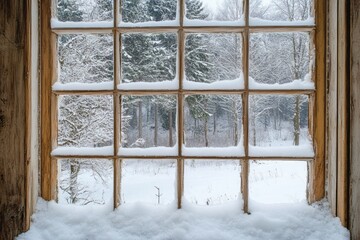 Canvas Print - Snowy Winter Scene Viewed Through a Rustic Window