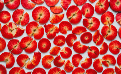 Poster - Close up of red apples with the skin removed. The apples are cut into slices and arranged in a pattern