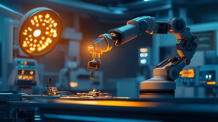 Poster - Robotic arm performing precision task in futuristic factory.