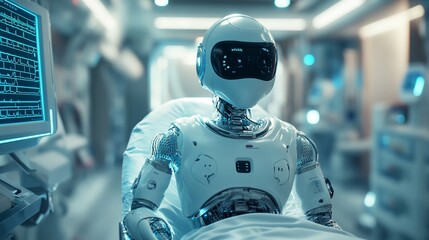 Poster - Futuristic medical robot in hospital room.