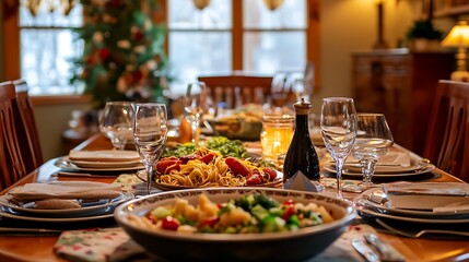 a beautifully set dining table with an array of dishes including roasted vegetables, pasta, and a fr