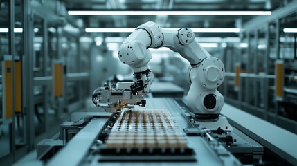 Poster - Robotic arm assembling products on assembly line in modern factory.