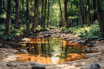 Sticker - Serene Forest Stream A Watercolor Painting of Tranquil Nature.