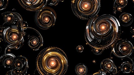 Aufkleber - Golden spiral orbs glowing in dark abstract space