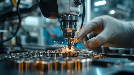 Poster - Robotic arm welding metal parts in factory.