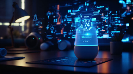 Poster - Futuristic workspace with holographic 3D projections