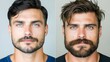 © ECLIVN - Two portraits of a Caucasian male with striking blue eyes, showcasing different facial hair styles that enhance his rugged appearance.