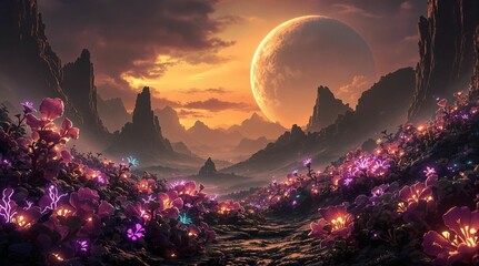 Poster - Surreal fantasy landscape with glowing moon and magical mountains