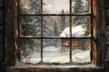 Canvas Print - Winter Wonderland Viewed From a Rustic Cabin Window