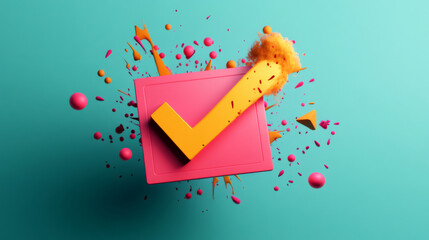 Poster - 3d rendering of a large, vibrant check mark exploding with colorful paint on a turquoise background, representing approval, success, and achievement