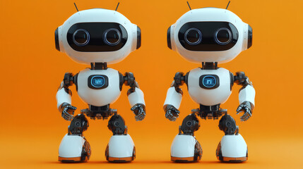 Aufkleber - Two white robots standing on an orange background, showcasing artificial intelligence and futuristic technology