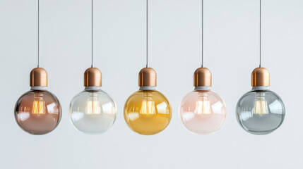 Aufkleber - Five hanging lamps featuring copper and glass shades with edison bulbs are illuminating a simple white wall