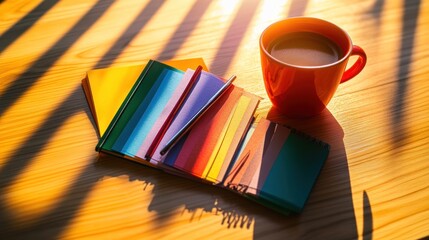 Poster - Colorful Notebooks Pen Coffee Cup Wooden Desk Sunlight