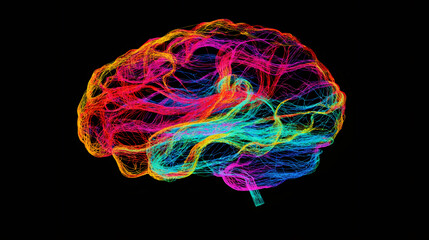 Poster - Complex web of vibrant lines creating a stylized brain, representing creativity, originality, and cognitive prowess