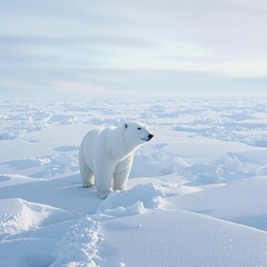 a polar bear's white fur blending into the arctic ice and snow, frosty, frozen, snowy